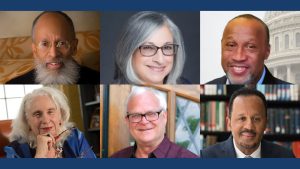 Professional headshots of Fellows King Davis, Diana DiNitto and Charles Lewis Jr pictured left to right on the top row. Fellows Kathleen Pottick, Micheal Sherraden, and Dexter Voisin are pictured left to right on the bottom row.