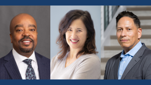 Professional headshots of President Michael A. Lindsey and Fellows Laura Abrams and Vincent Guilamo-Ramos.