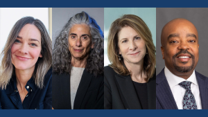 Professional headshots of Fellows Emily Putnam-Hornstein, Judith Gonyea, Linda G. Mills and President Michael A. Lindsey