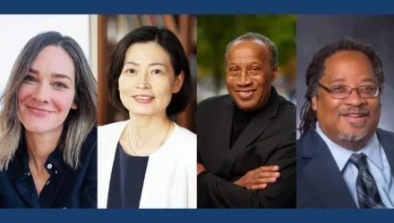 Professional headshots of Fellows Emily Putnam-Hornstein, Yuri Jang, Charles E. Lewin Jr., and Llewellyn J. Cornelius pictured left to right.