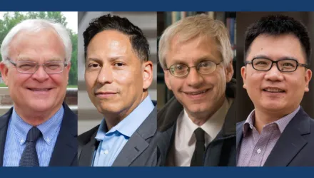 Professional headshots of Fellows Michael Sherraden, Vincent Guilamo-Ramos, Harold Pollack, and Jin Huang pictured left to right.
